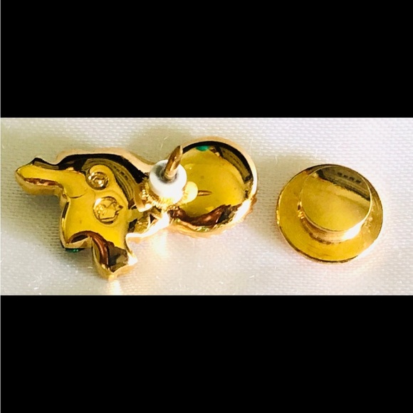 Vintage Swarovski Crystal & Green Enamel Mardi Gras Mask Tack Pin Stamped - Picture 3 of 5